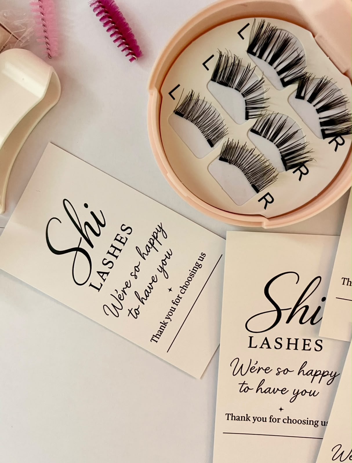 Shi Lashes complete magnetic lash kit with compact, applicator, spoolies, and branded cards